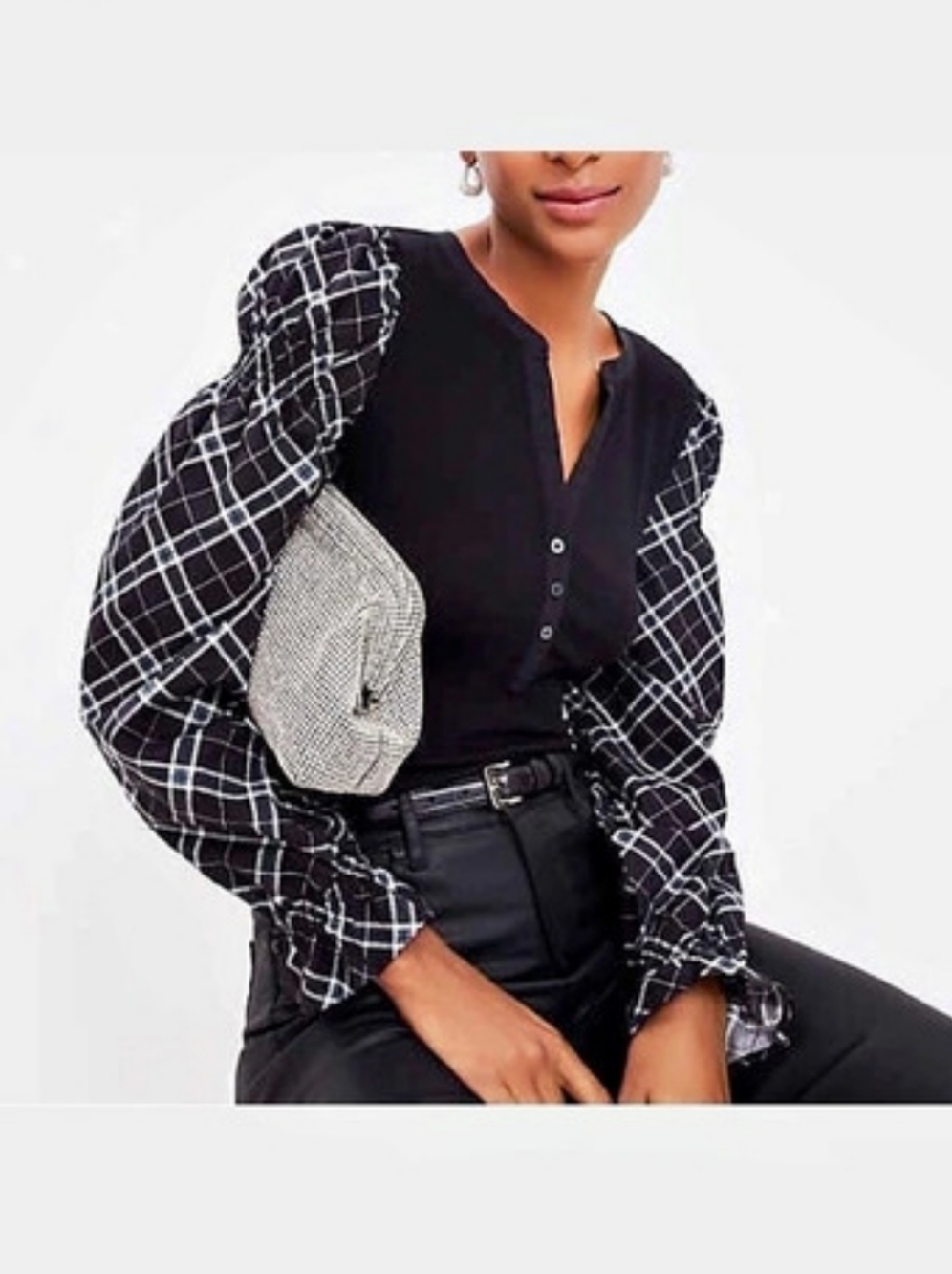 LOFT Plaid Henley Mixed Media Top Black & White